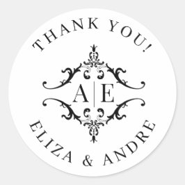 Pegatina Redonda Elegante Boda Monograma Escudo blanco y negro