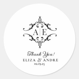 Pegatina Redonda Elegante Boda Monograma Escudo blanco y negro