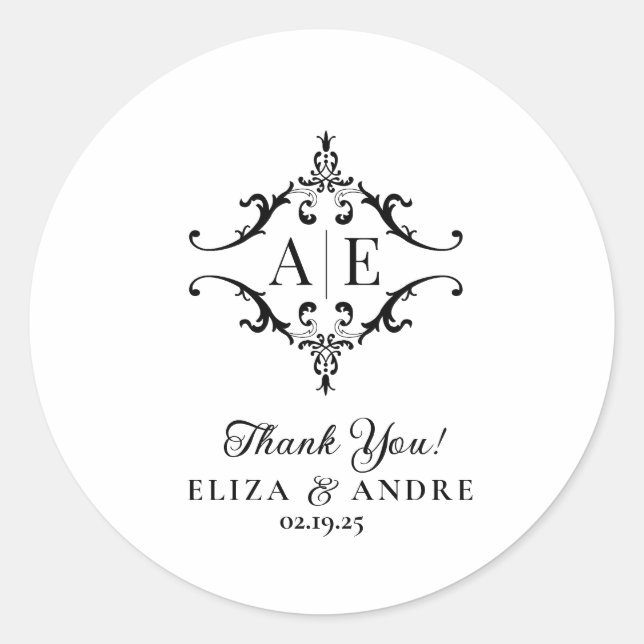 Pegatina Redonda Elegante Boda Monograma Escudo blanco y negro (Anverso)