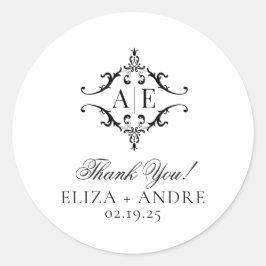 Pegatina Redonda Elegante Boda Monograma Escudo blanco y negro