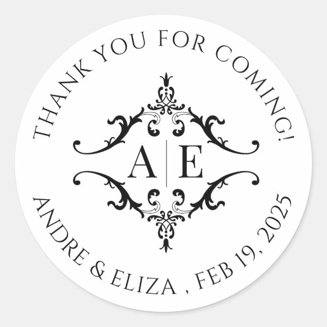 Pegatina Redonda Elegante Boda Monograma Escudo blanco y negro (Anverso)