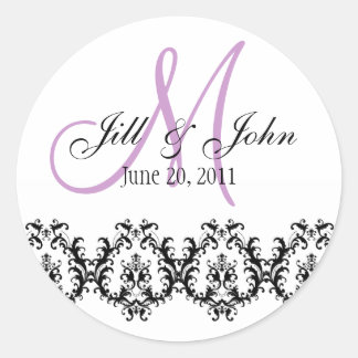 Pegatina Redonda Elegante Boda Monograma púrpura Guardar la fecha
