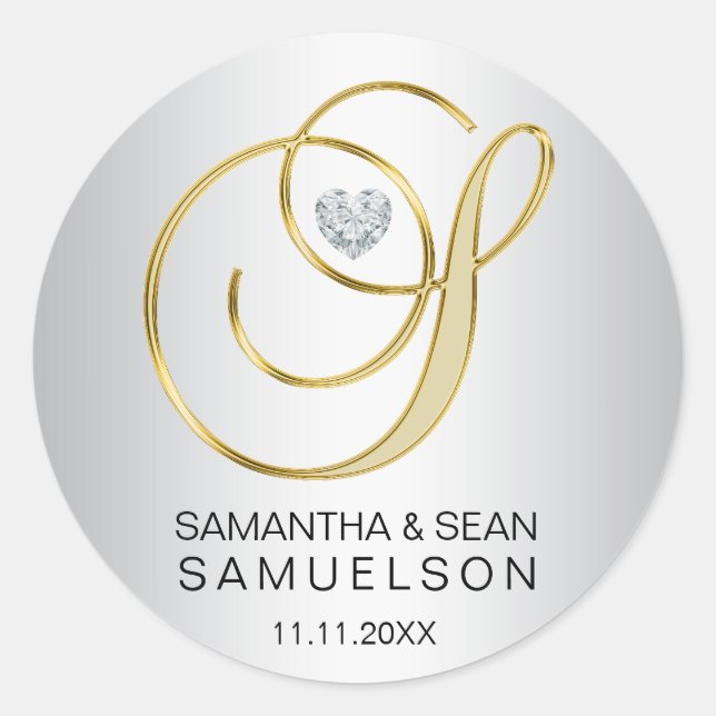 Pegatina Redonda Elegante Boda Monogramado de la letra 'S' de oro p (Anverso)