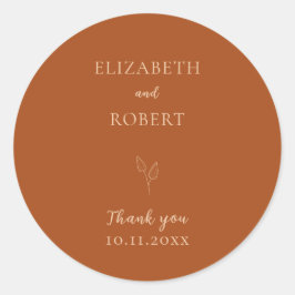 Pegatina Redonda Elegante Boda Naranja quemado Terracota Simple