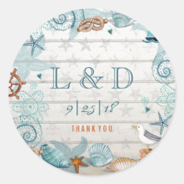 Pegatina Redonda Elegante Boda Náutica Azul