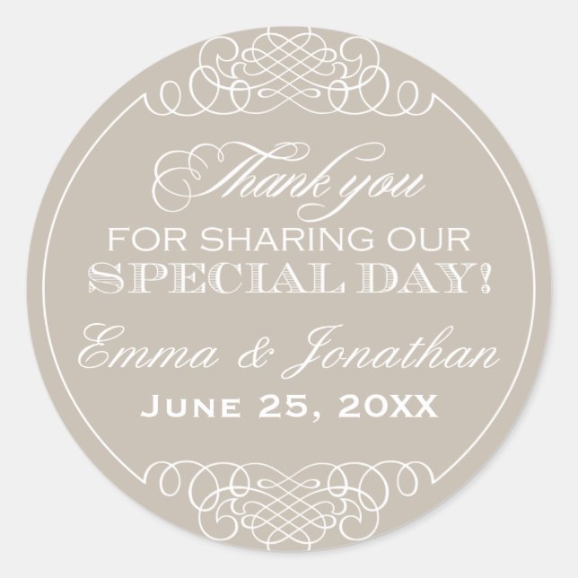 Pegatina Redonda Elegante Boda Neutral Beige Gracias Monograma (Anverso)