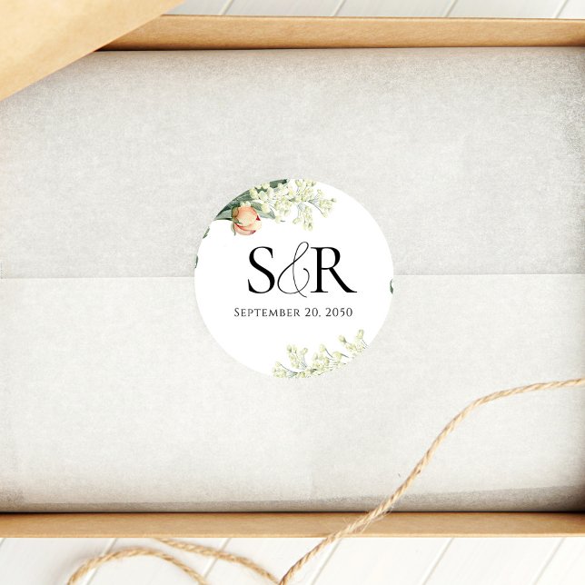 Pegatina Redonda Elegante Boda Peach Personalizado Floral (Elegant peach floral wedding monogram sticker. )