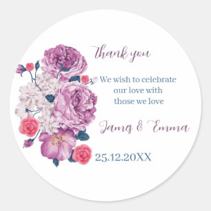 Pegatina Redonda Elegante Boda personalizada de Flor Púrpura