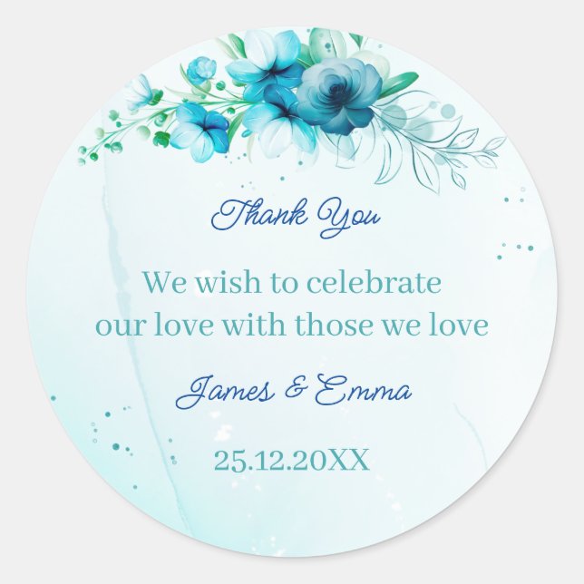 Pegatina Redonda Elegante Boda personalizado de flor azul (Anverso)