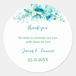 Pegatina Redonda Elegante Boda personalizado de flor azul