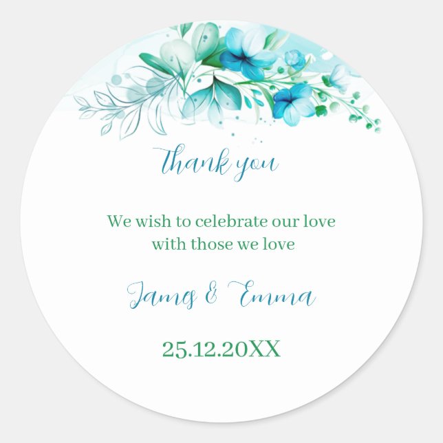 Pegatina Redonda Elegante Boda personalizado de flor azul (Anverso)