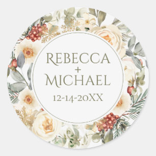 Pegatina Redonda Elegante Boda personalizado de Florals de Invierno