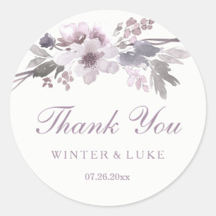 Pegatina Redonda Elegante Boda Purple Winter Floral Gracias