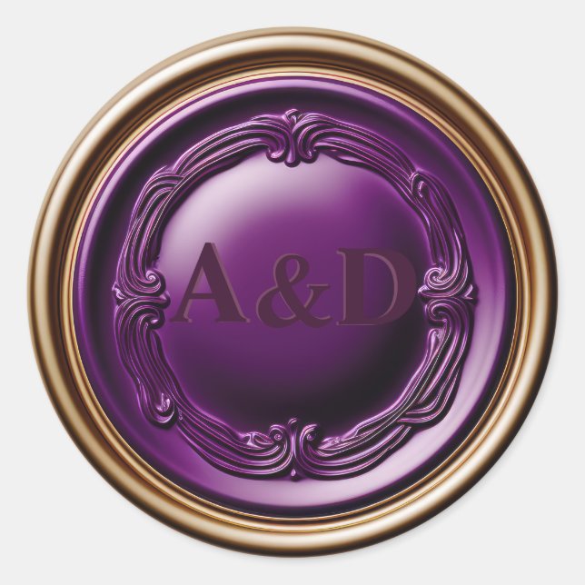 Pegatina Redonda Elegante Boda Real Purple y Gold Wax Seal (Anverso)