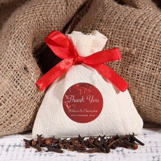 Pegatina Redonda Elegante Boda Rojo Gracias