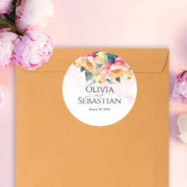 Pegatina Redonda Elegante Boda Romántico Peony Watercolor