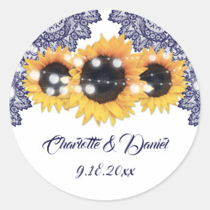 Pegatina Redonda Elegante Boda Rústica de Girasoles en Azul Marino