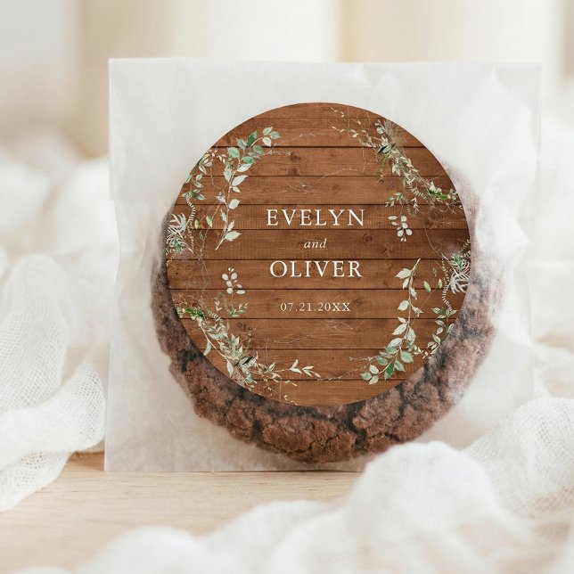 Pegatina Redonda Elegante Boda Rústico de Verdor (Subido por el creador)