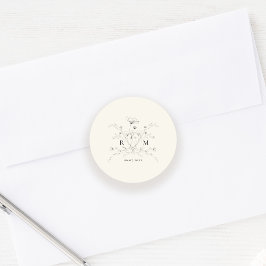 Pegatina Redonda Elegante Boda Rústico Floral Esbozado