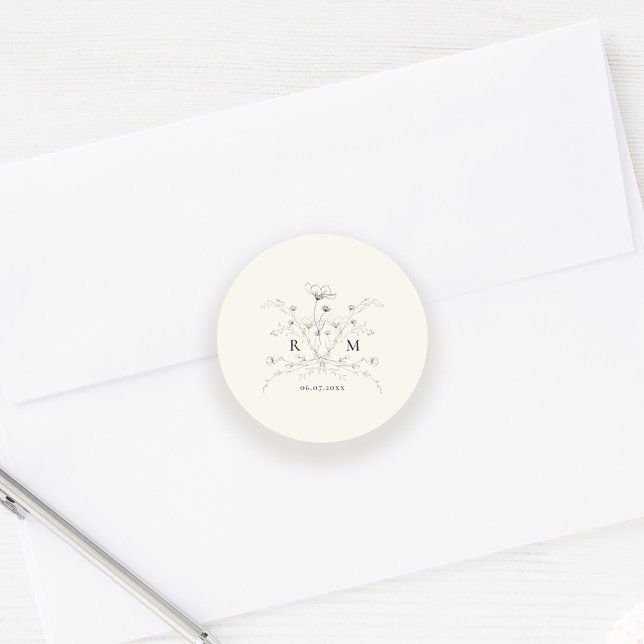 Pegatina Redonda Elegante Boda Rústico Floral Esbozado (Subido por el creador)