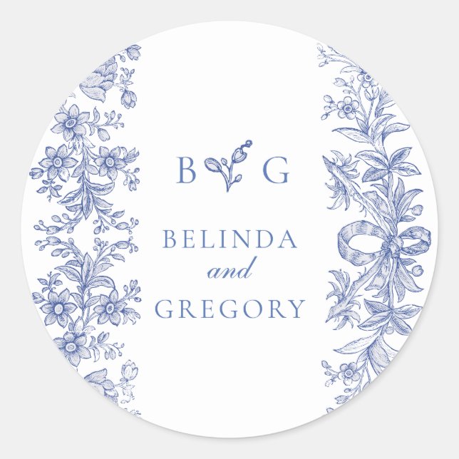 Pegatina Redonda Elegante Boda Rústico Rústico Francés Floral Azul (Anverso)