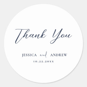 Pegatina Redonda Elegante Boda simple azul y blanco de la Marina