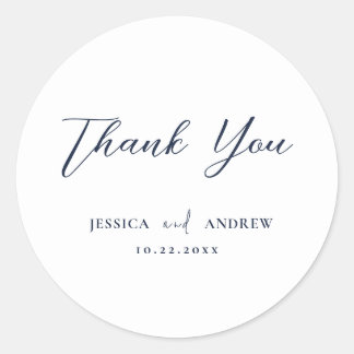 Pegatina Redonda Elegante Boda simple azul y blanco de la Marina