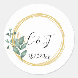 Pegatina Redonda Elegante Boda simple de eucalipto verde
