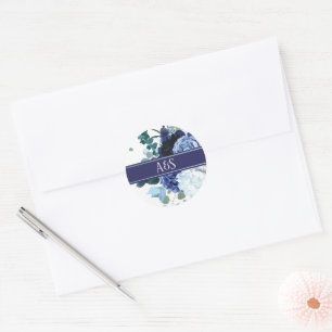 Pegatina Redonda Elegante Boda suave de índigo y azul 