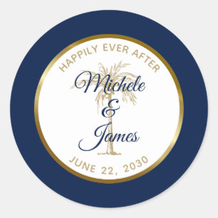 Pegatina Redonda Elegante Boda tropical de la Marina Oro Azul