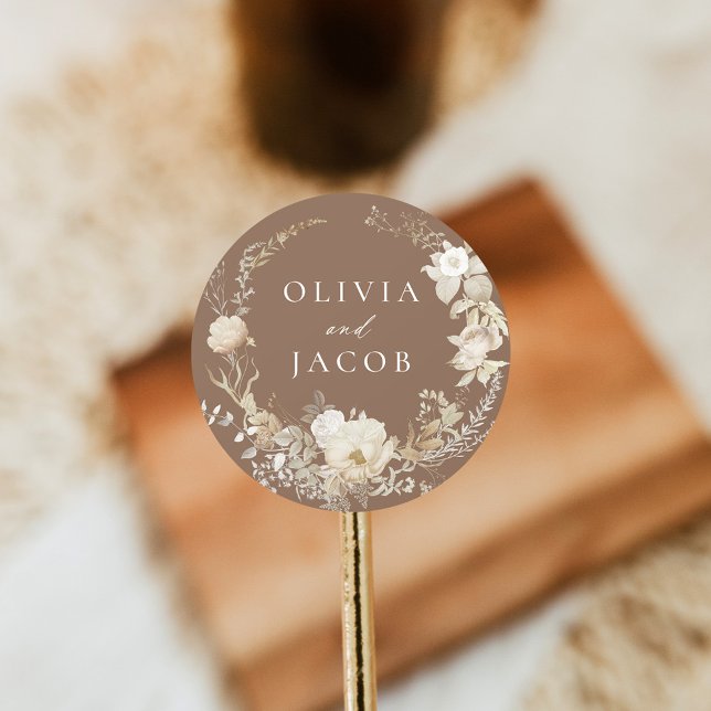 Pegatina Redonda Elegante Boda Vintage de Wreath Brown (Subido por el creador)