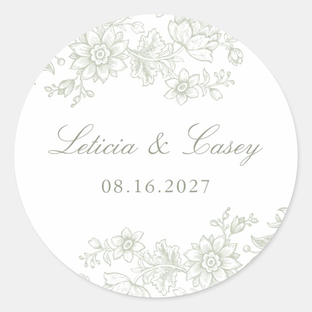 Pegatina Redonda Elegante Boda Vintage Floral (Anverso)
