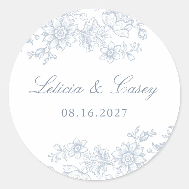 Pegatina Redonda Elegante Boda Vintage Floral (Anverso)