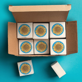 Pegatina Redonda Elegante Boho amarillo y azul acuarela girasol