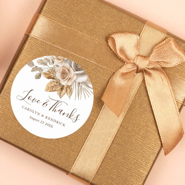 Pegatina Redonda Elegante Boho Neutral Floral Love & Gracias Boda (Subido por el creador)