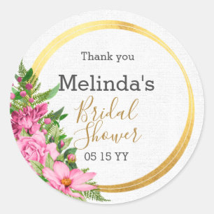 Pegatina Redonda Elegante Boho Pink Floral Bridal Shower Favor