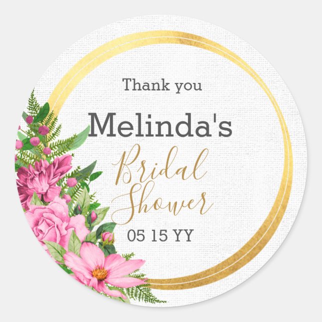 Pegatina Redonda Elegante Boho Pink Floral Bridal Shower Favor (Anverso)