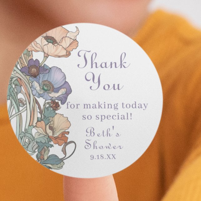 Pegatina Redonda Elegante Boho Púrpura y Peach Poppies, Gracias (Express heartfelt gratitude with our elegant Boho Poppies Thank You Sticker. Perfect for showers.)