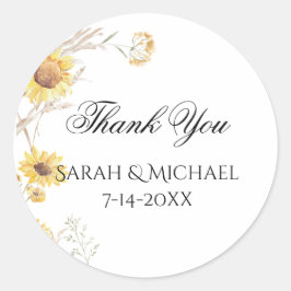 Pegatina Redonda Elegante Boho Sunflowers Wedding Stickers