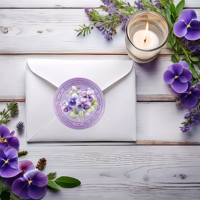 Pegatina Redonda Elegante Boho Violetas Púrpuras Floral Dirección d (Elegant Boho Purple Violets Floral Return Address Envelope Seal Classic Round Sticker - Lavender)