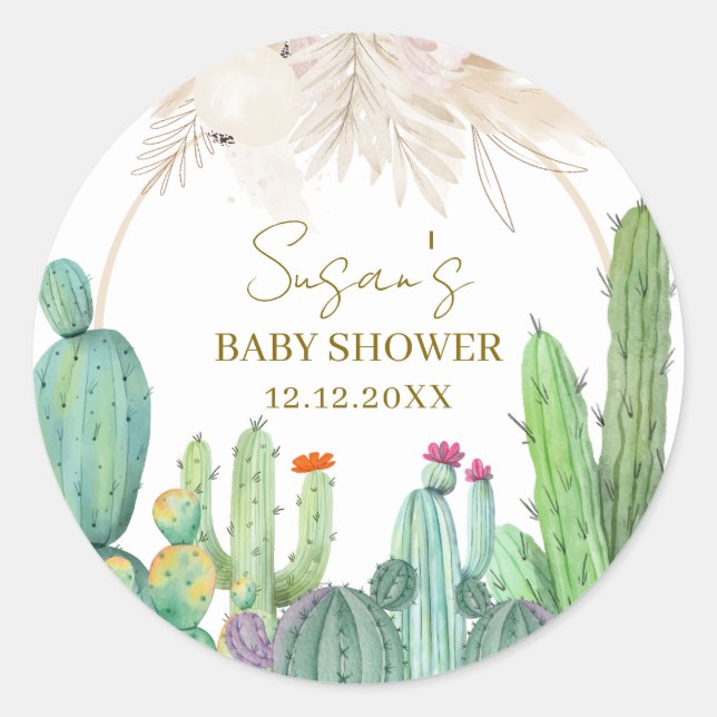 Pegatina Redonda Elegante Boho Western Cactus Arch Baby Shower (Anverso)