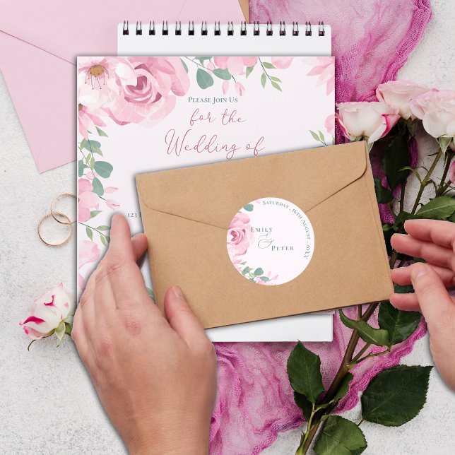 Pegatina Redonda Elegante Bonito de moda Boda Rubor Pink Florals (Trendy Elegant Pretty Blush Pink Florals Wedding Classic Round Sticker)