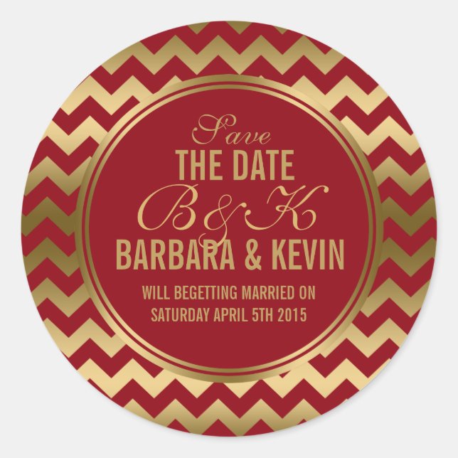 Pegatina Redonda Elegante Borgoña y Oro Geométrico Zigzag Chevron 2 (Anverso)