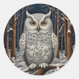 Pegatina Redonda Elegante bosque de invierno de búho blanco