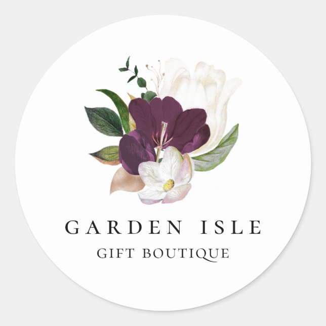 Pegatina Redonda Elegante Bouquet marfileño morado floral (Anverso)