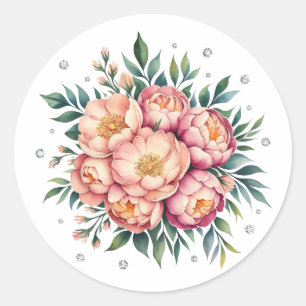 Pegatina Redonda Elegante Bouquet Peach con Boda Diamonds