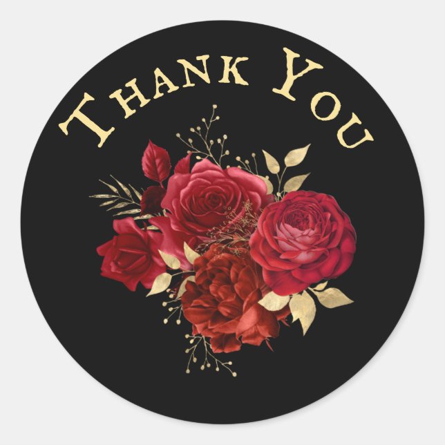 Pegatina Redonda Elegante Bouquet Red Rose Floral Gold Gracias (Anverso)