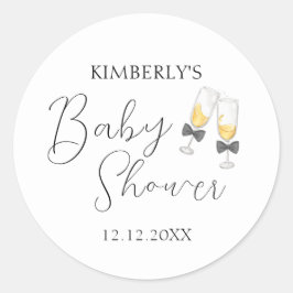 Pegatina Redonda Elegante Bow Champagne Sip y Ver Baby Shower