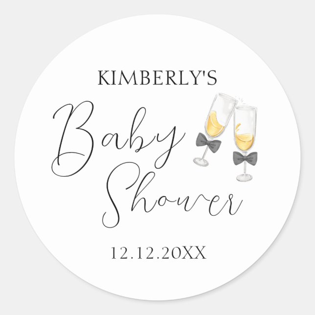 Pegatina Redonda Elegante Bow Champagne Sip y Ver Baby Shower (Anverso)
