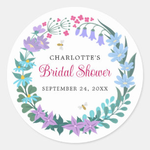 Pegatina Redonda Elegante Bridal Shower Wildflowers Floral Garland
